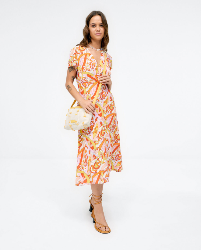 Robe midi avec col en V et drapé. Imprimé Orange