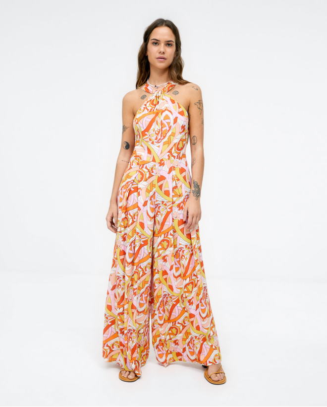 Combinaison à jambes larges. Collier de licou. Imp Orange