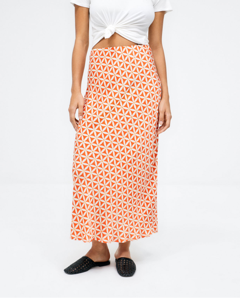Jupe midi évasée. Imprimé Orange