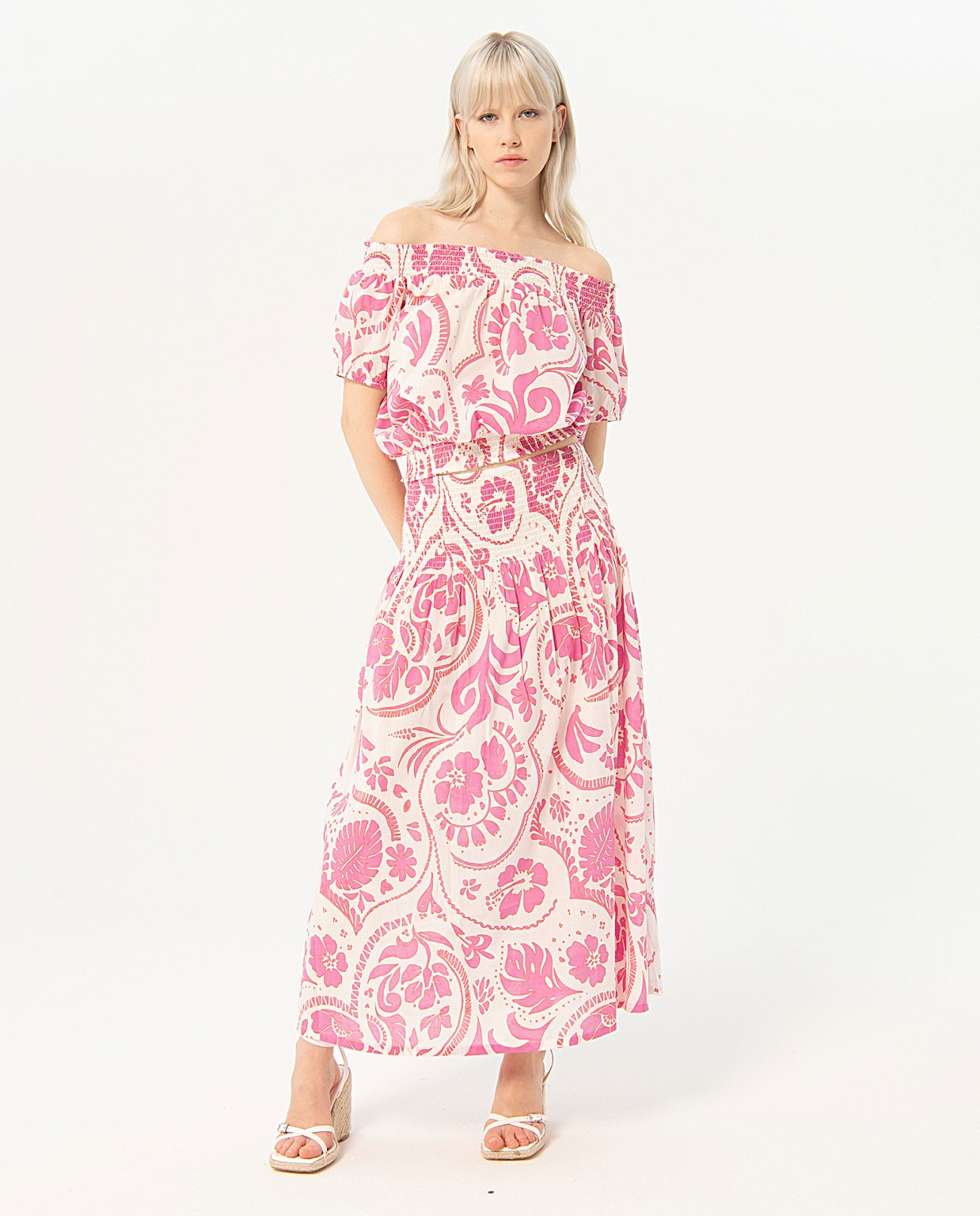 Jupe longue avec ceinture élastique froncée Fushia