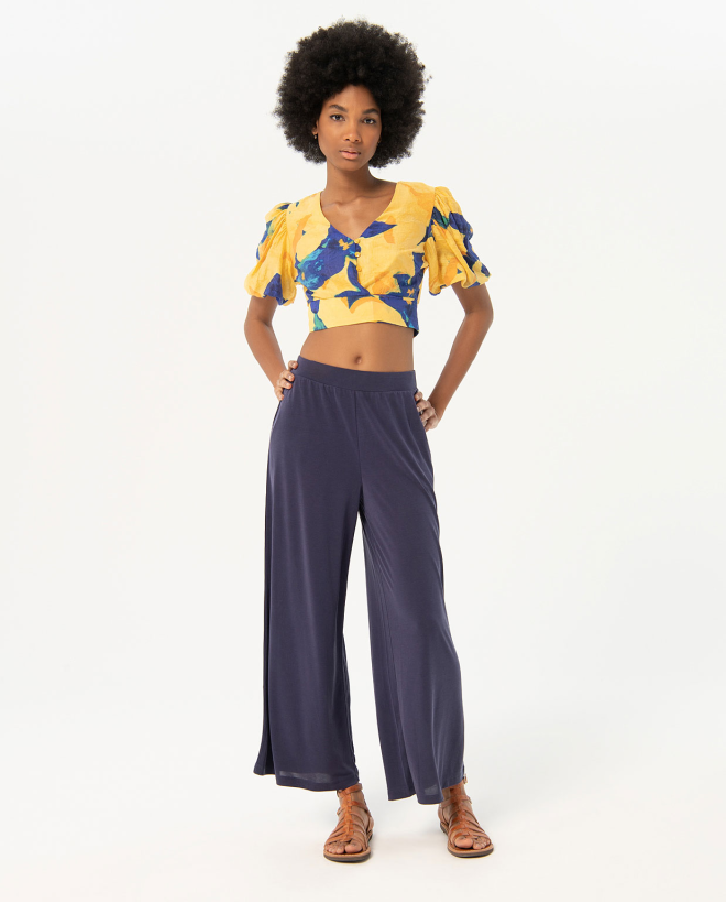 Pantalon cropped large et élastique Bleu marine