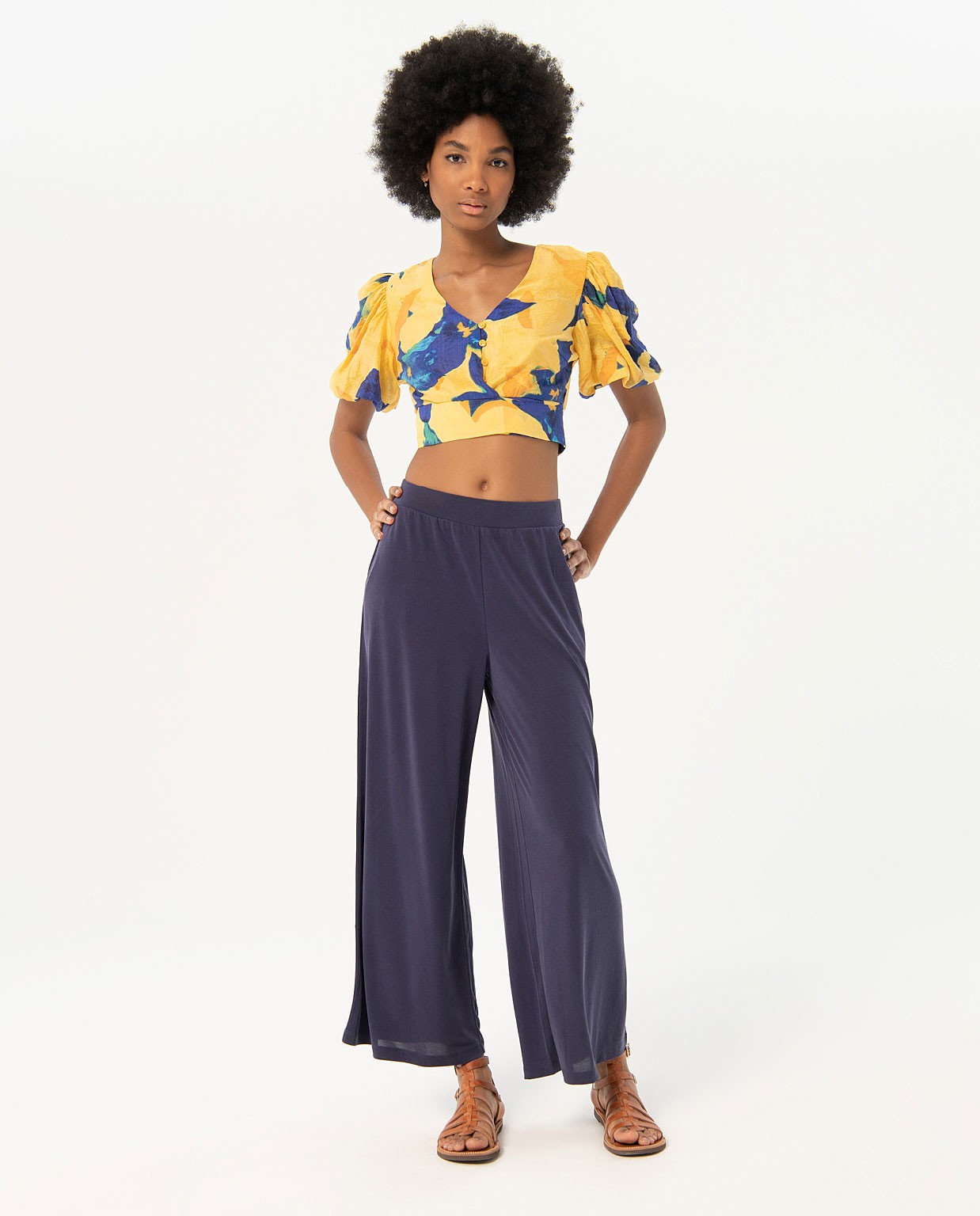 Pantalon cropped large et élastique Bleu marine