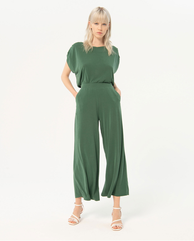 Pantalon cropped large et élastique Khaki