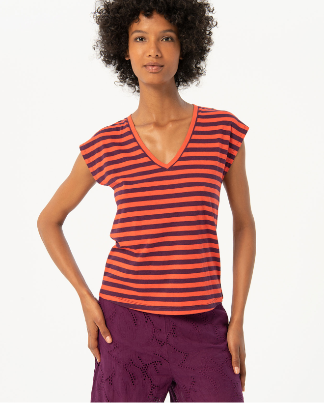 T-shirt en coton avec col en V rayé Grenat