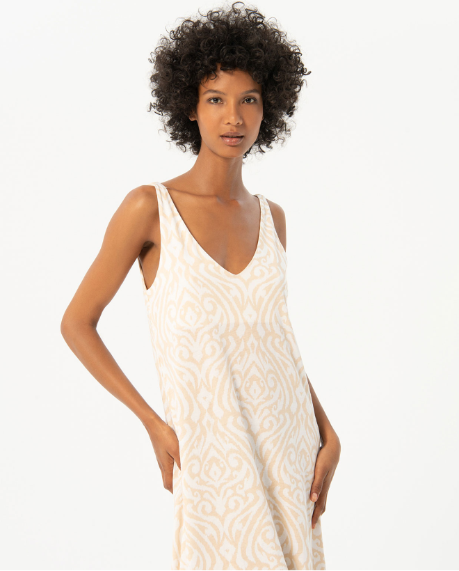 Printed long dress with slits Ecru
