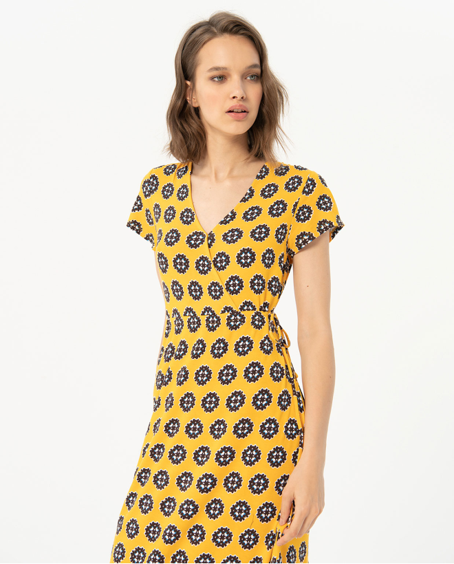 Printed midi cross over dress Yellow