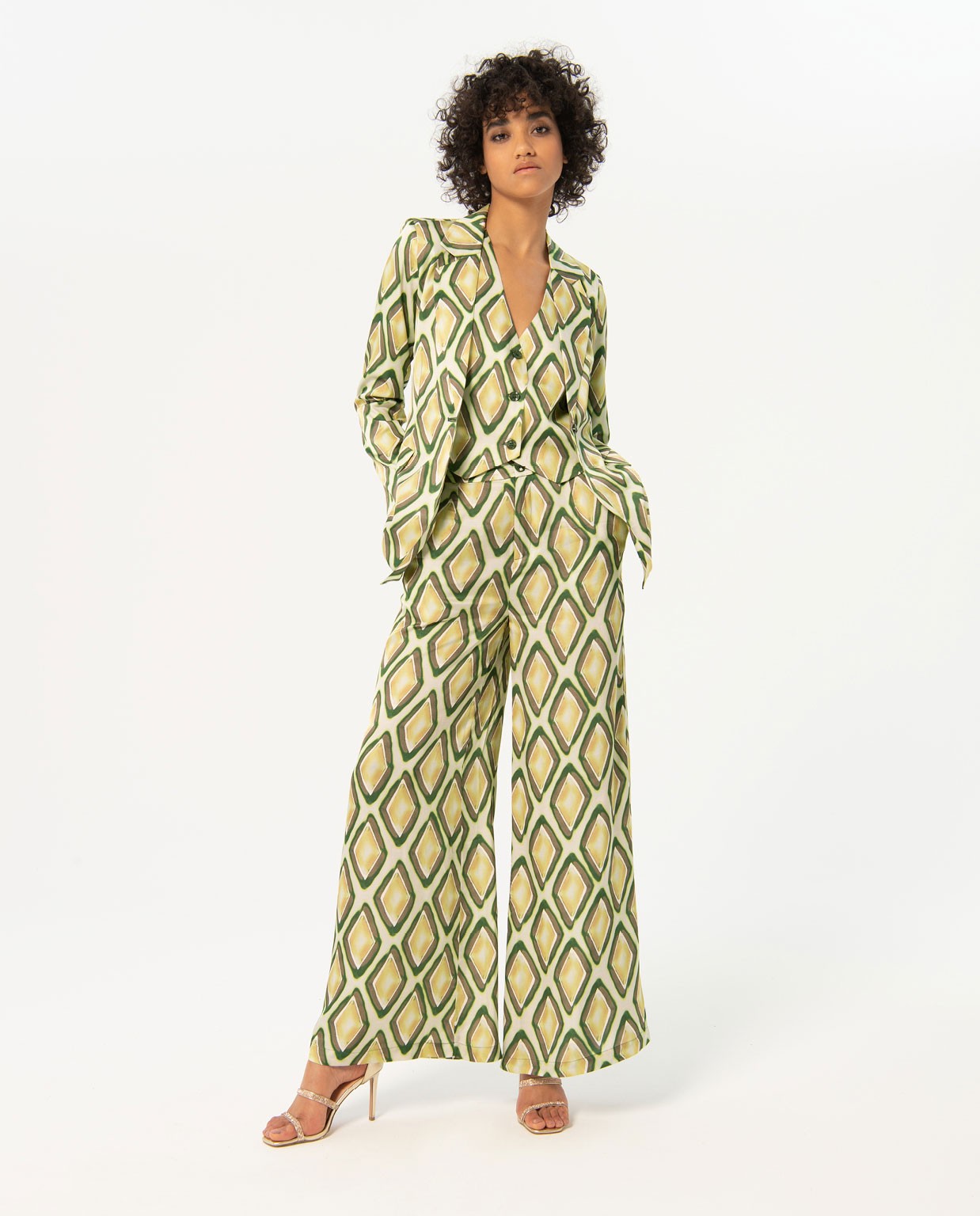 Blazer en satin imprimé avec nœud Vert
