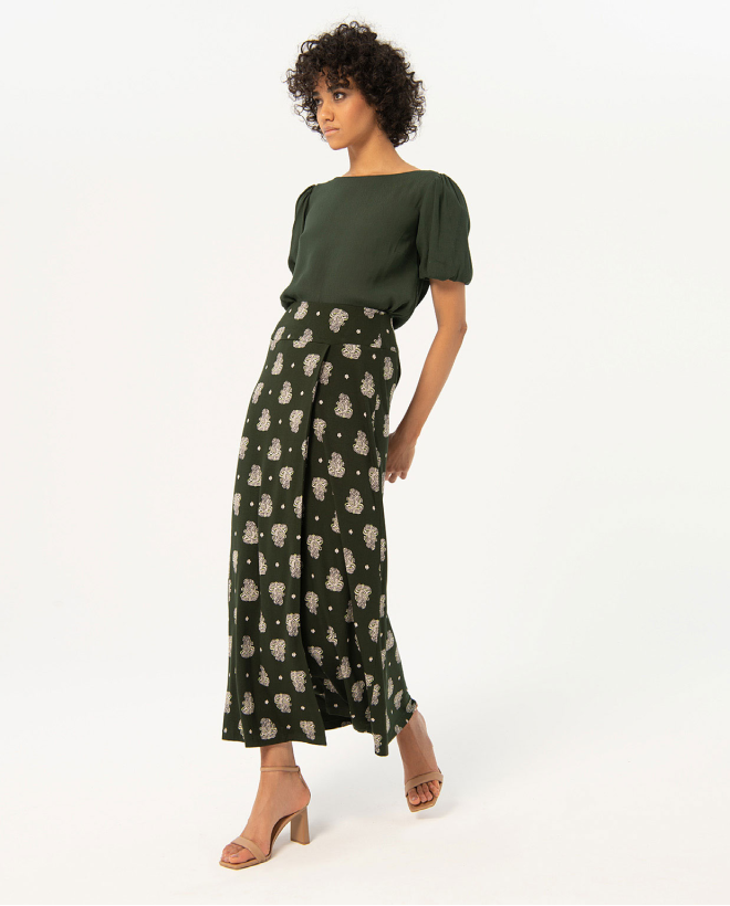 Jupe longue croisée imprimée Khaki